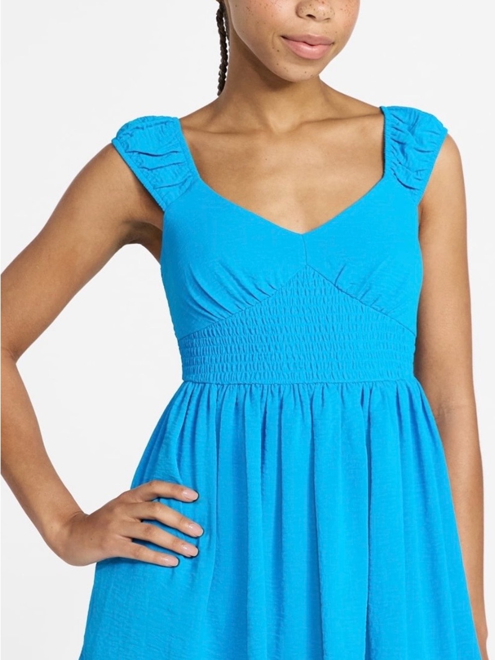 No Boundaries Bright Blue V-Neck Smocked Midi Dress